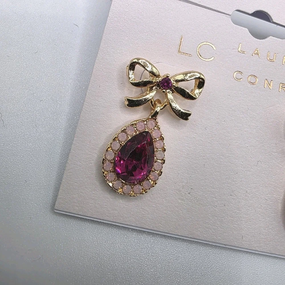 LC Lauren Conrad Earrings Gold Tone Crystal Purple Rhinestones Bow Drop NWT